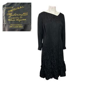 Vintage 1960s Black Jacquard Dress Ruffle Hem Zipper Sleeves Medium -